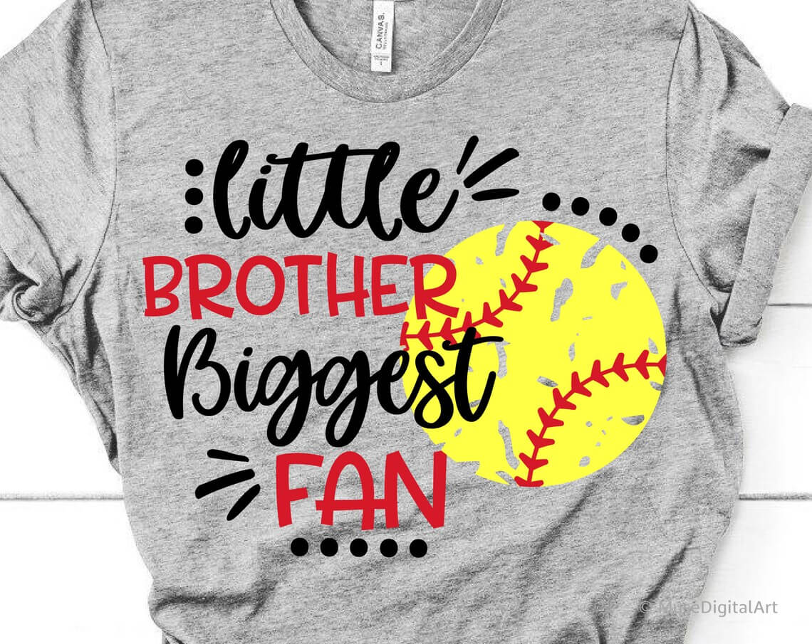 Gray t-shirt with 'Little Brother Biggest Fan' print featuring a yellow baseball.