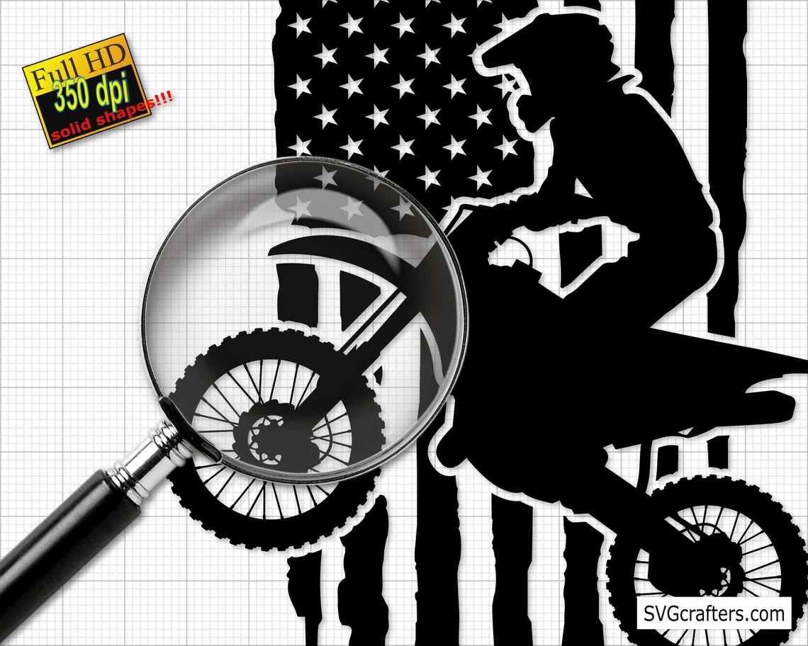 The image of a motorcyclist under a magnifying glass is a black and white image.