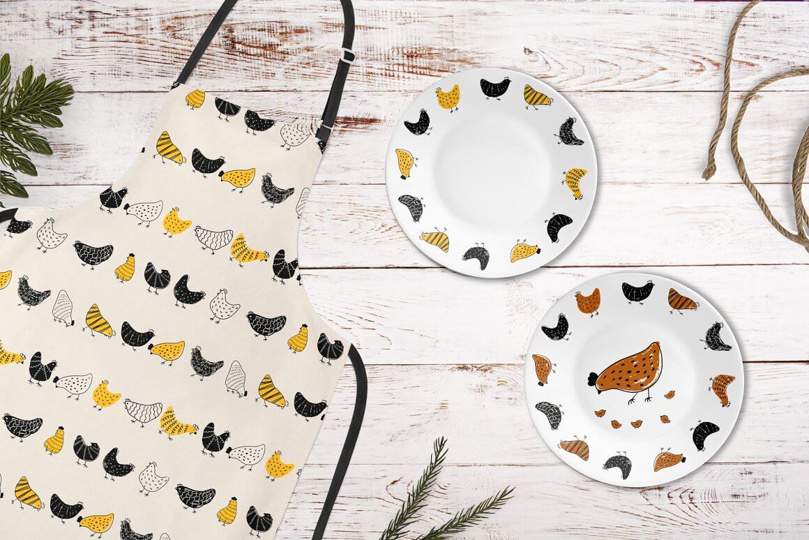 Apron and plates with chicken design.