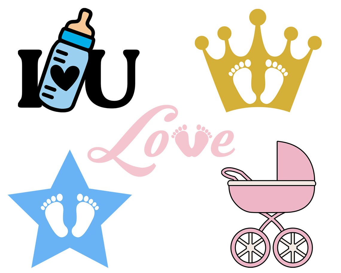 A crown, a bottle, a star stroller with a print of flying feet.