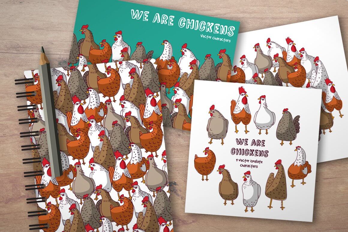 Note and cards with image chickens.