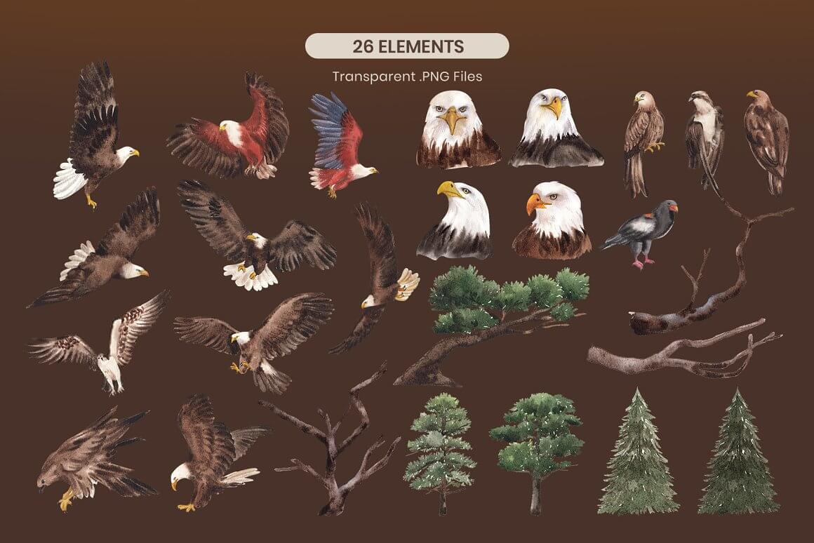 26 elements with heads of eagles, with branches, silhouettes of birds, with trees.