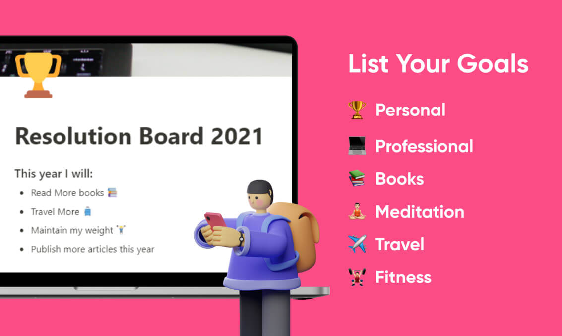 List your goals: personal, professional, books, meditation, travel, fitness.