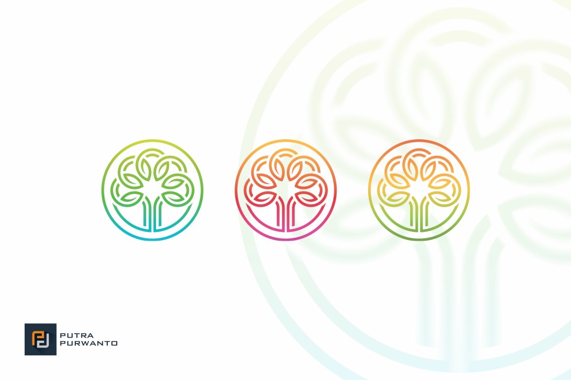 Three colorful logos with images of trees.