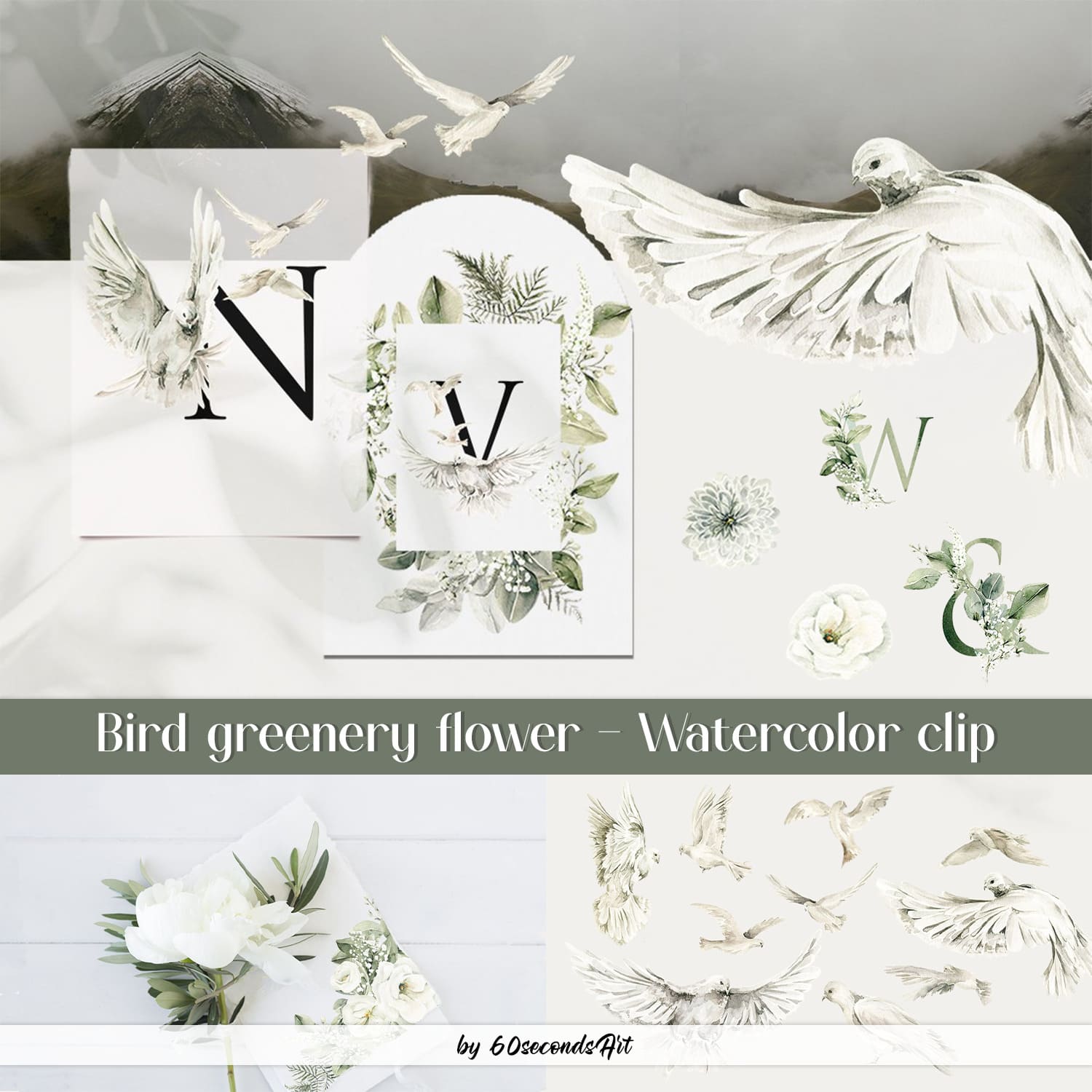 bird greenery flower watercolor clipart collection.