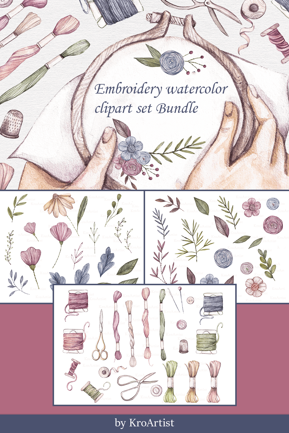 Four slides from large to small with hand-drawn watercolor embroidery for Pinterest.