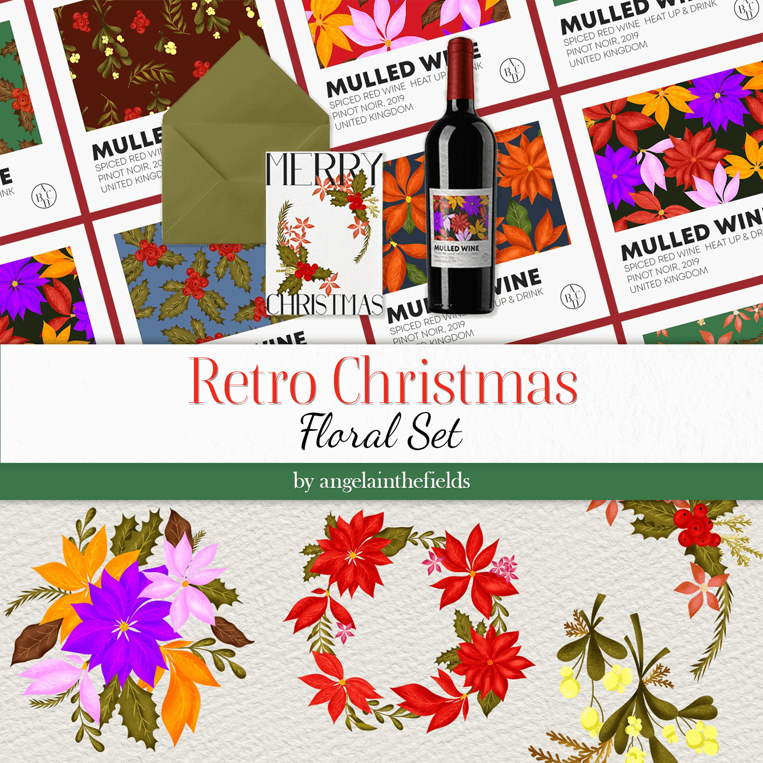 Retro Christmas floral set and bottle of wine on holiday card.