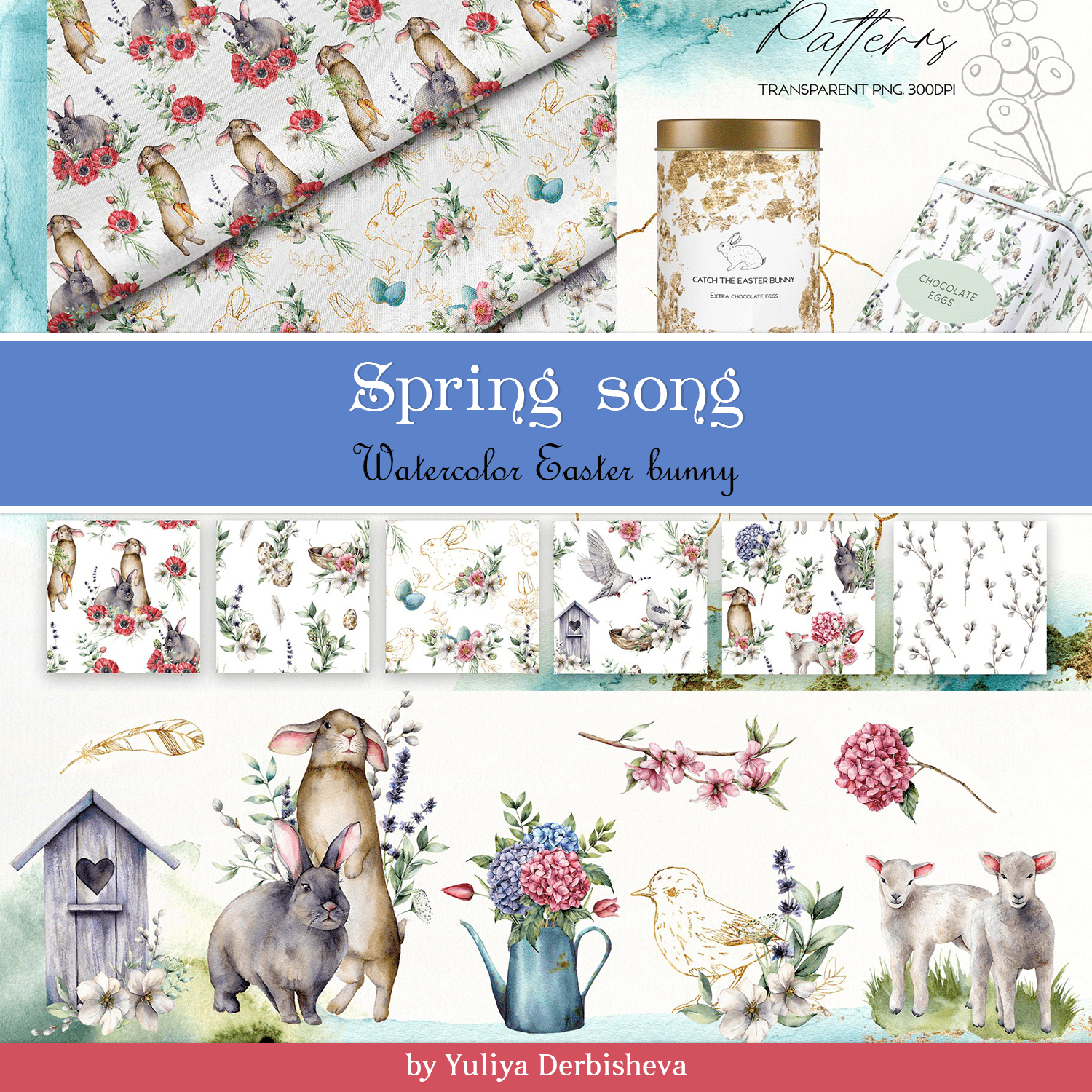 spring song watercolor easter bunny illustrations.