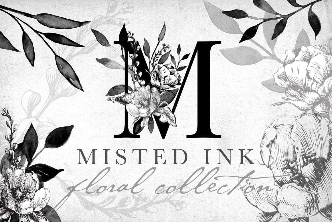 The letter M is decorated with inky floral bouquets.