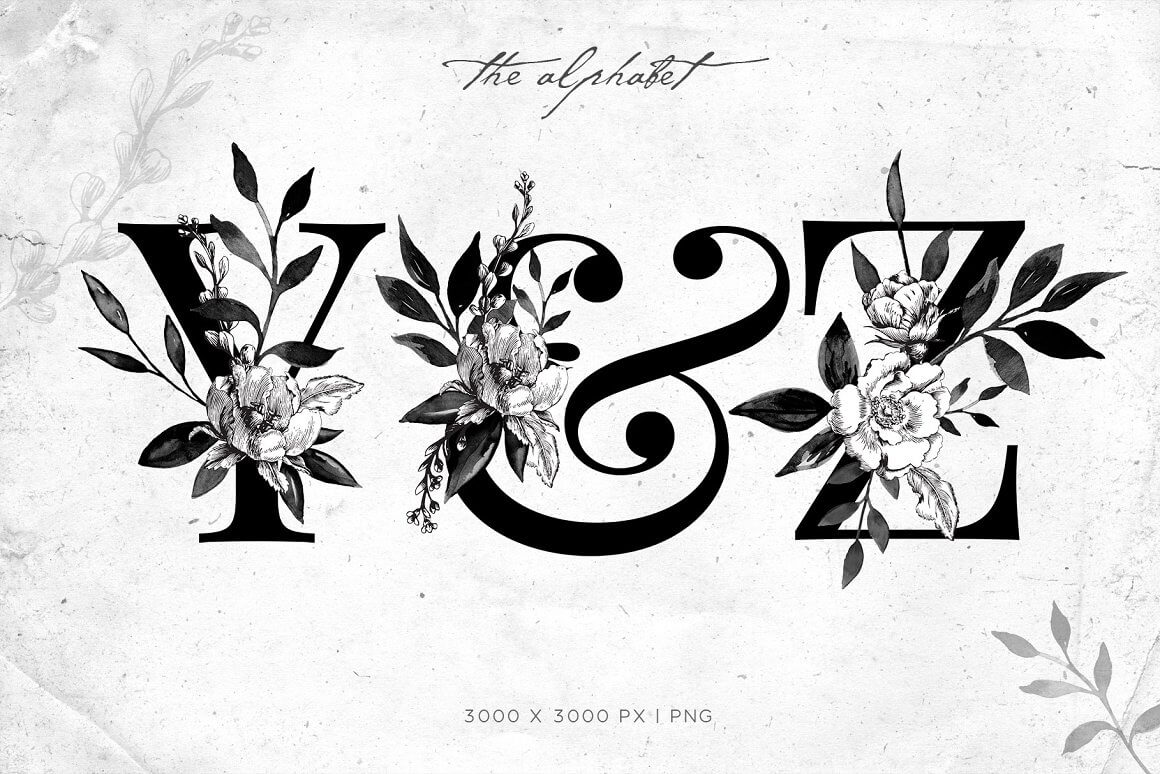 The alphabet is decorated with ink bouquets.