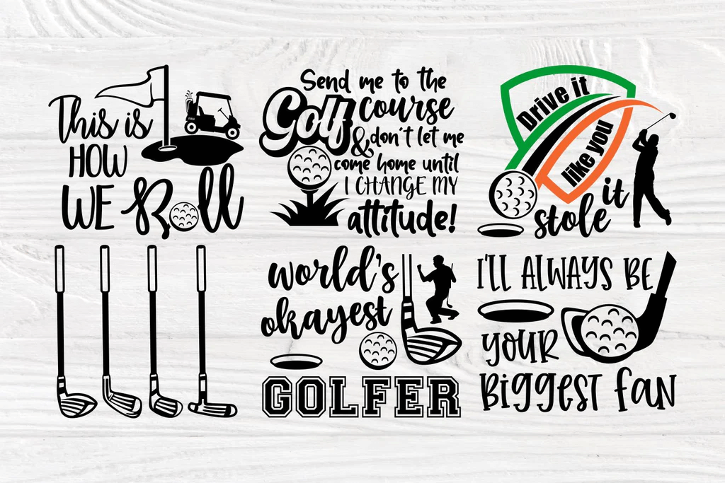 Golf clubs, golf flags, golf ball and motivation lettering about golf.