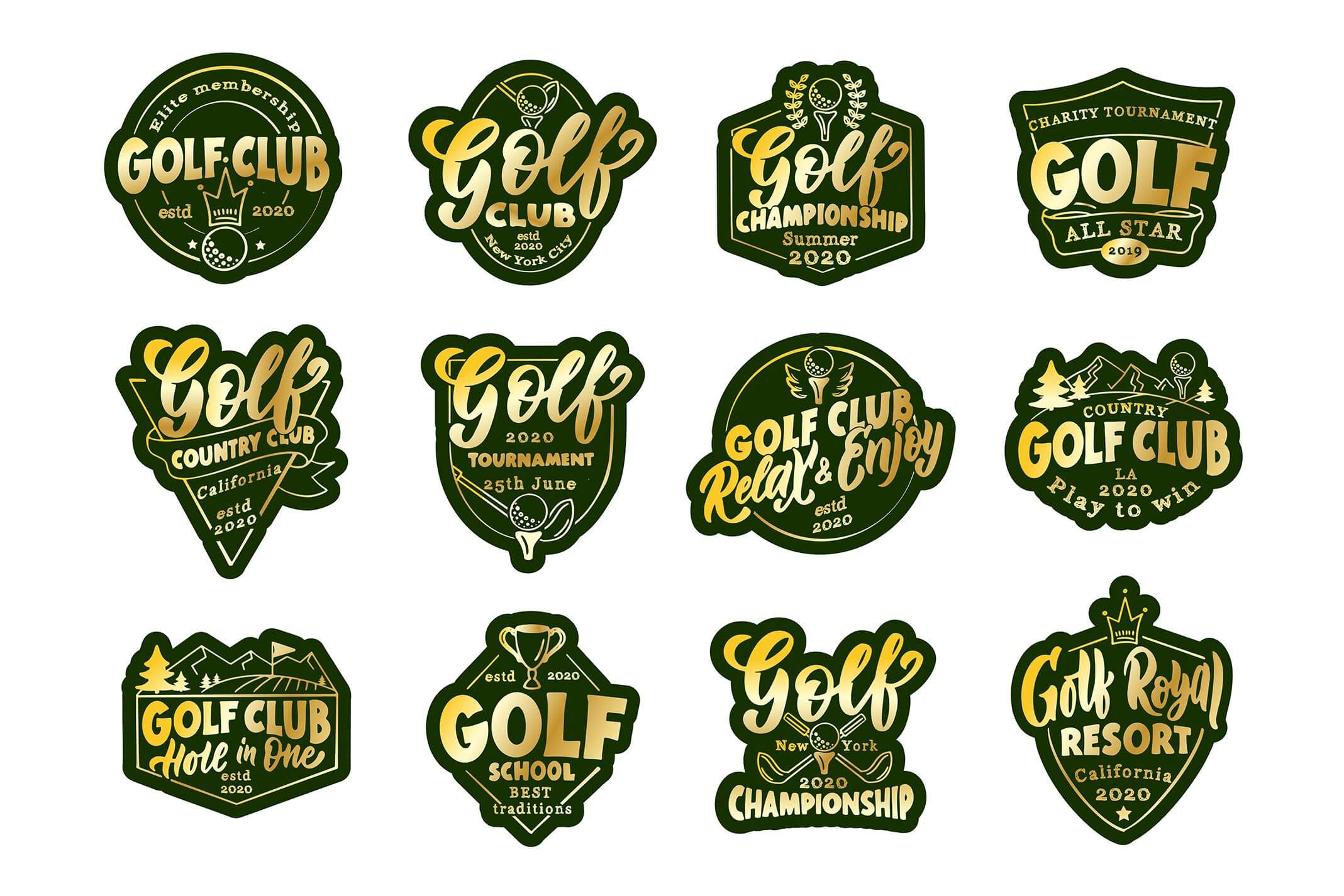 Golf bundle from golden lettering on the green background.