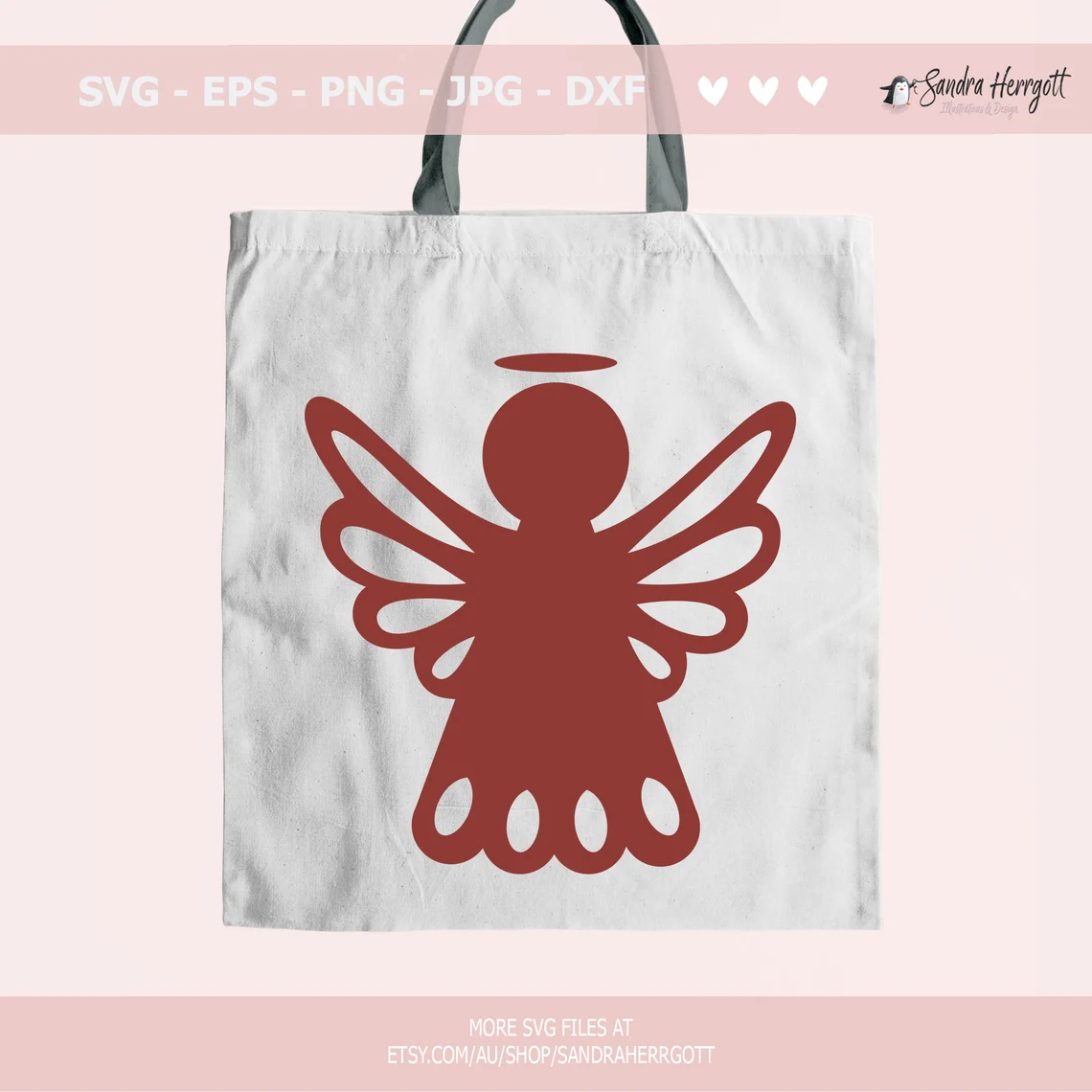Red angel with wings on the bag.