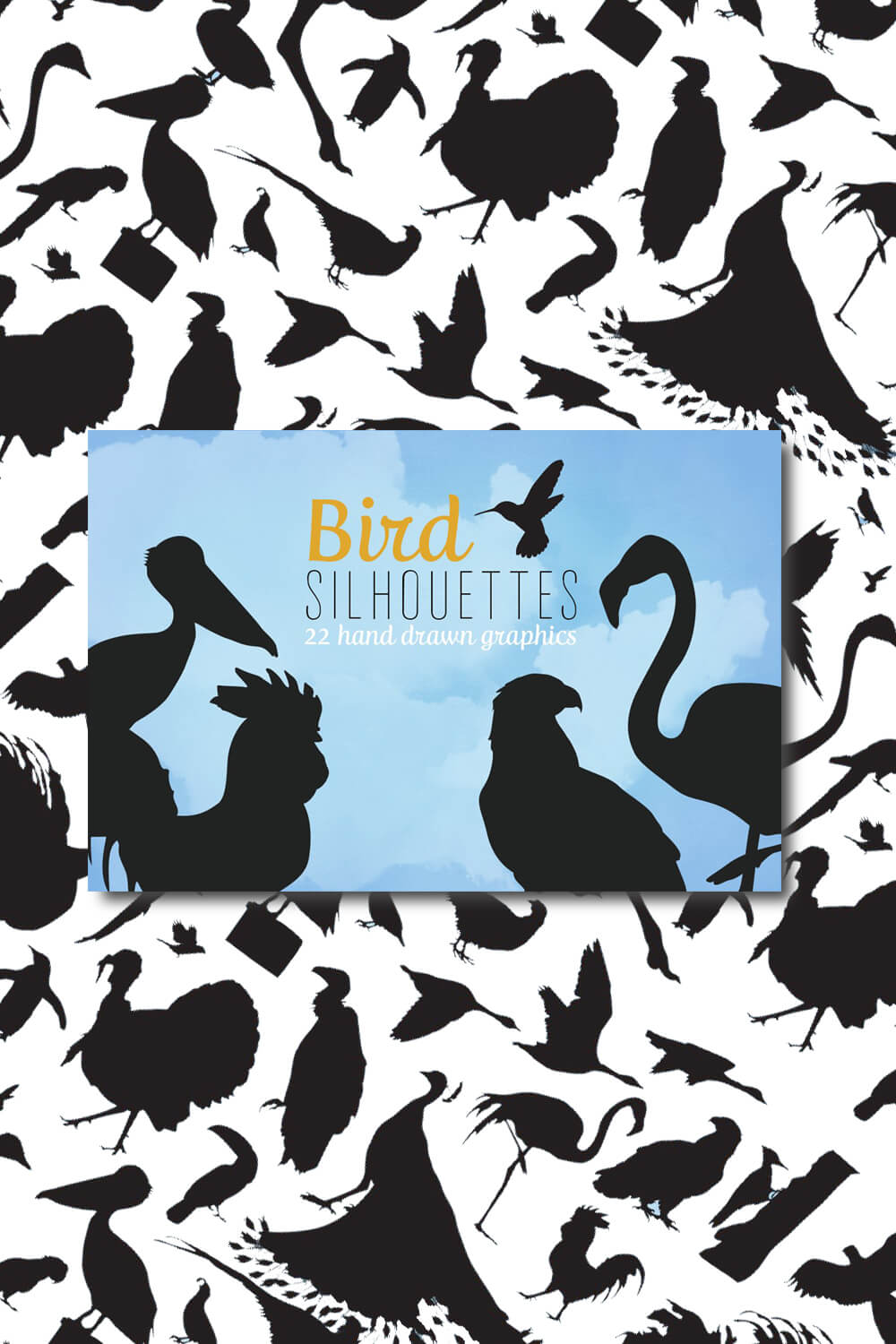 Color slide with silhouettes of birds on a black and white background.