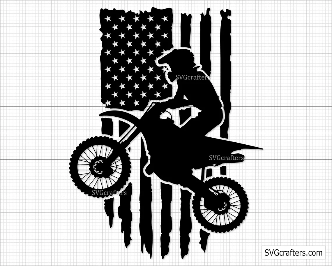 Black and white print with a motorcyclist on the background of the American flag.