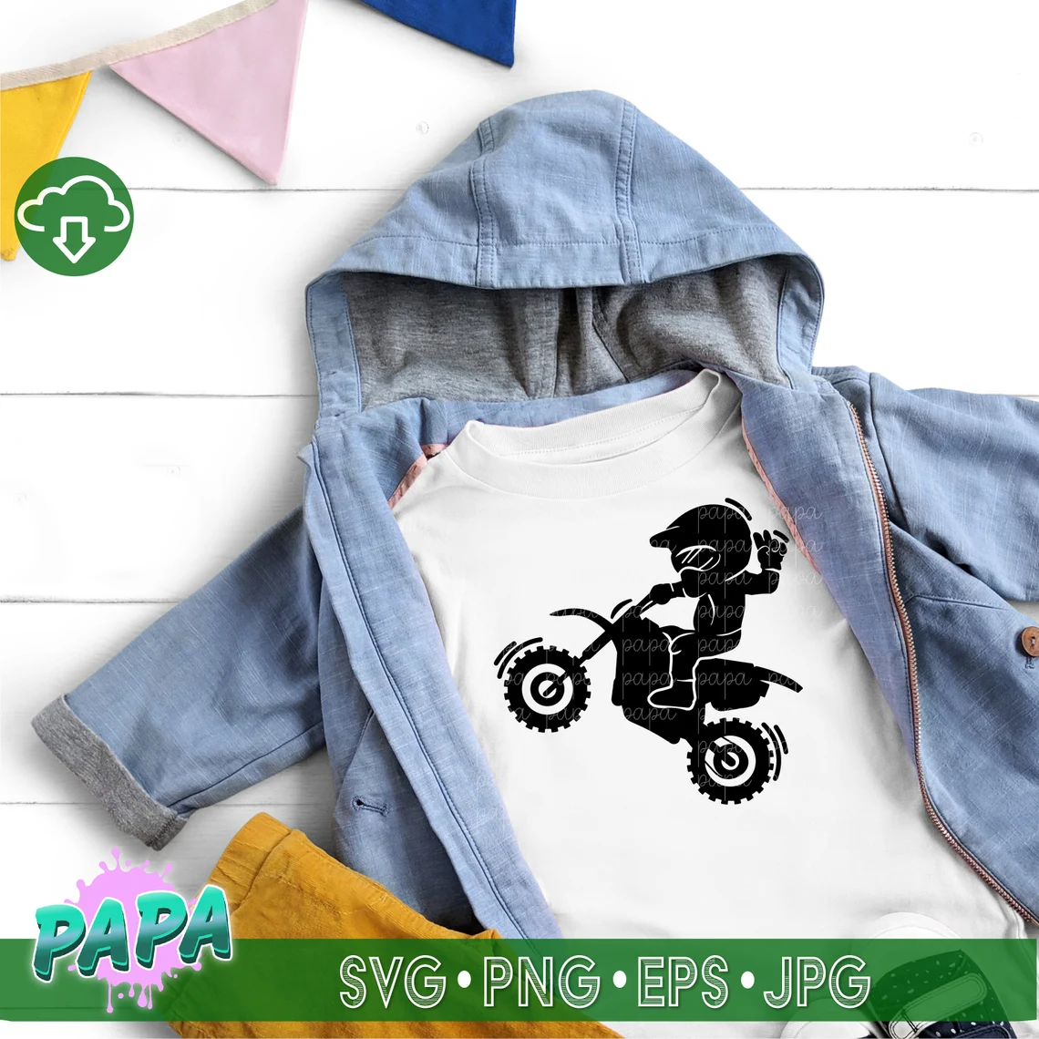 Print on children's clothing with a children's motorcyclist print.