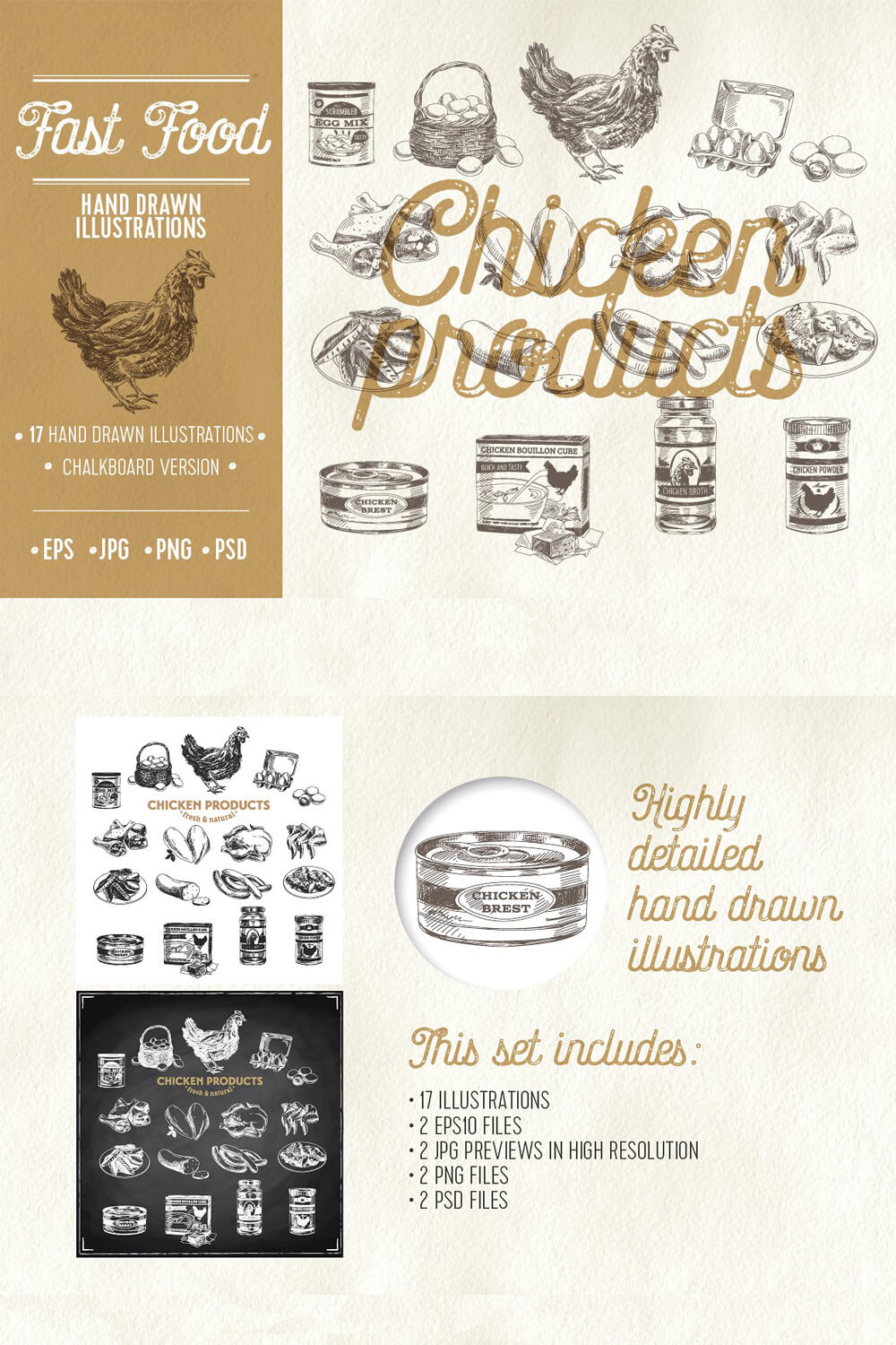Chicken products includes 17 hand drawn illustrations and chalkboard version.