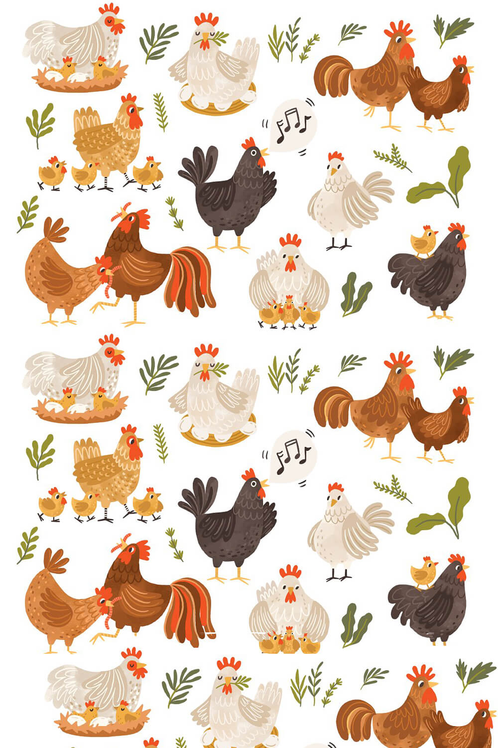 Lots of chickens and green vegetation.