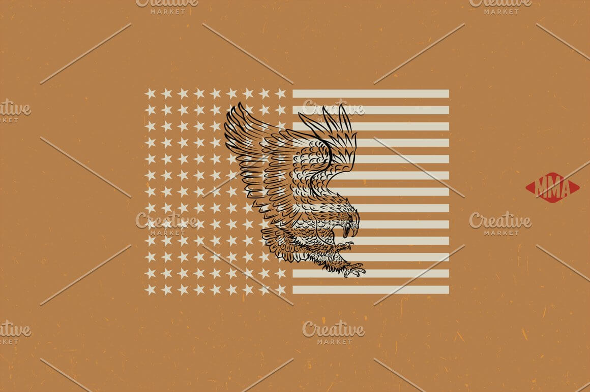 Black eagle on a beige background with white stars and stripes.