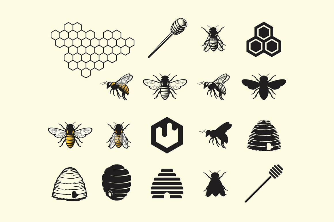 Three bees are in yellow and black, the rest of the images are in black and milk.