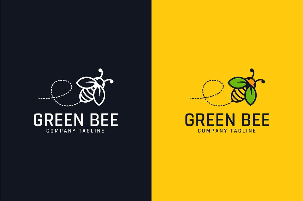 Green bee company tagline on the yellow and black backgrounds.