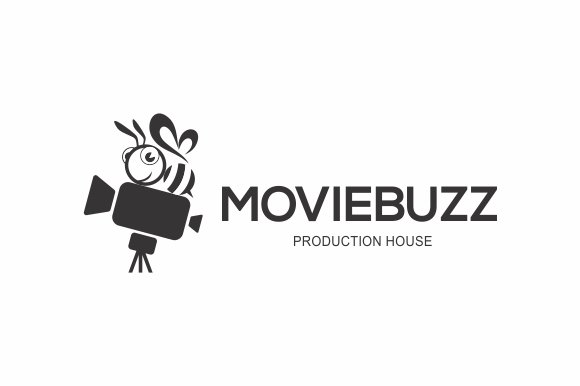 Black moviebuzz logo with a bee and a camera on a white background.