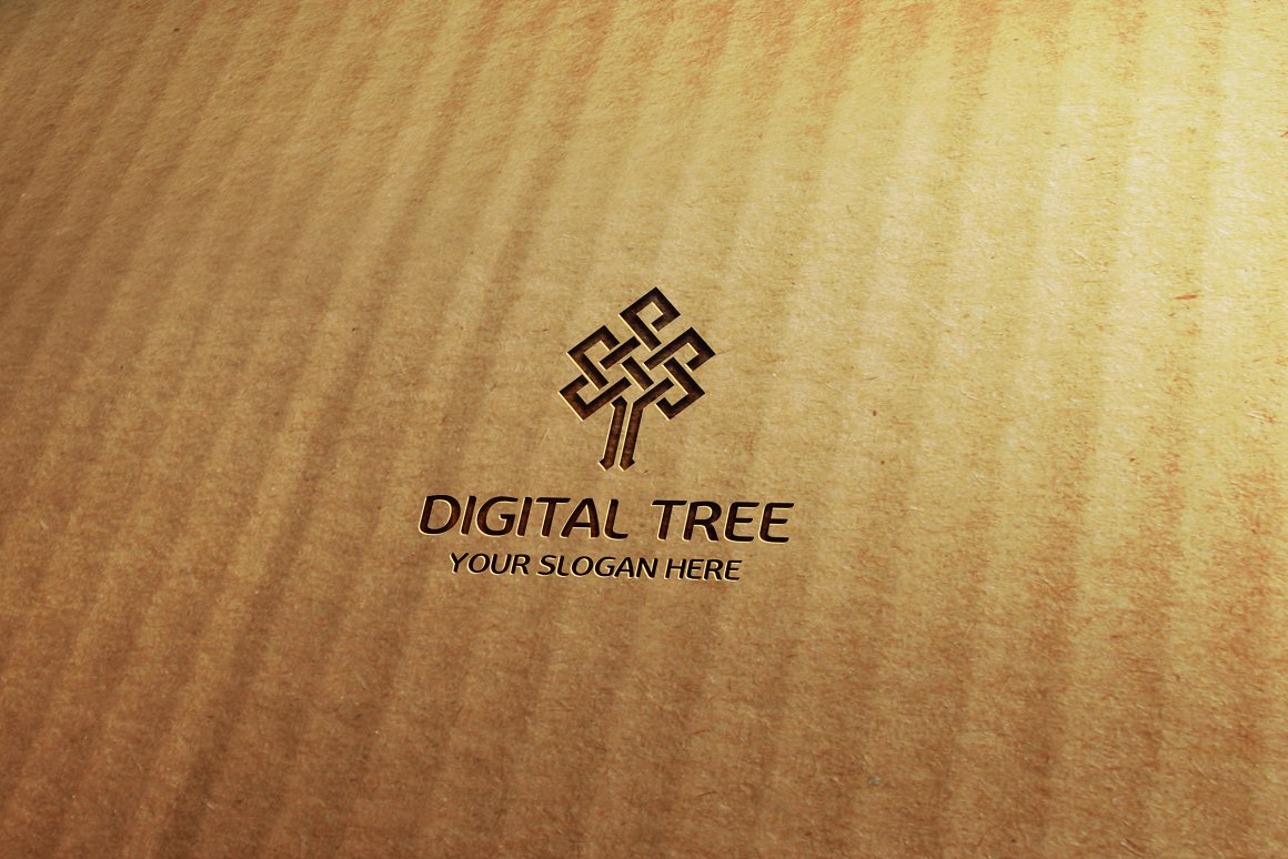 Dark brown digital tree logo on a wooden background.