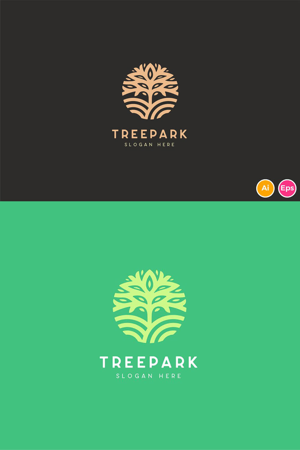 Two types of treepark logo on the green and black backgrounds.