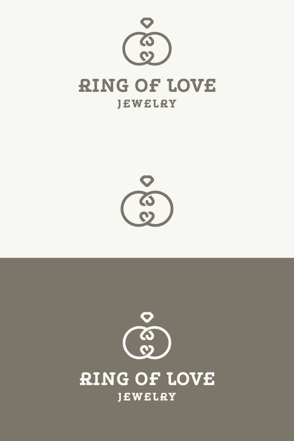 White logo with love rings on white and gray backgrounds.
