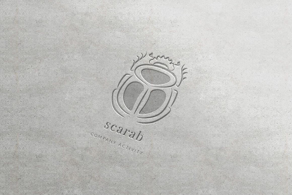 Logo depicting a scarab with a dark gray body and the inscription "Scarab company activity" on a light gray background.