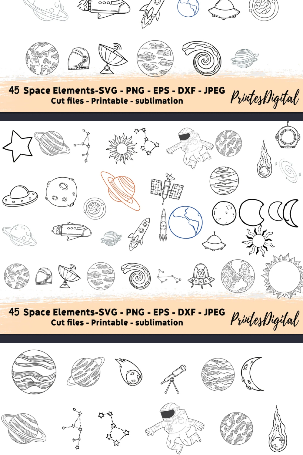 Images with planets and spaceships rockets and other space.