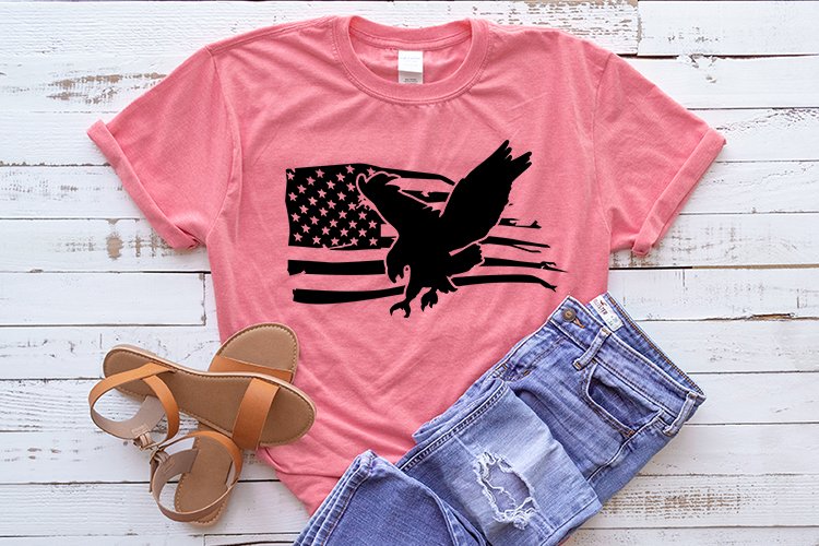 Red t-shirt with an eagle print on a flag background.