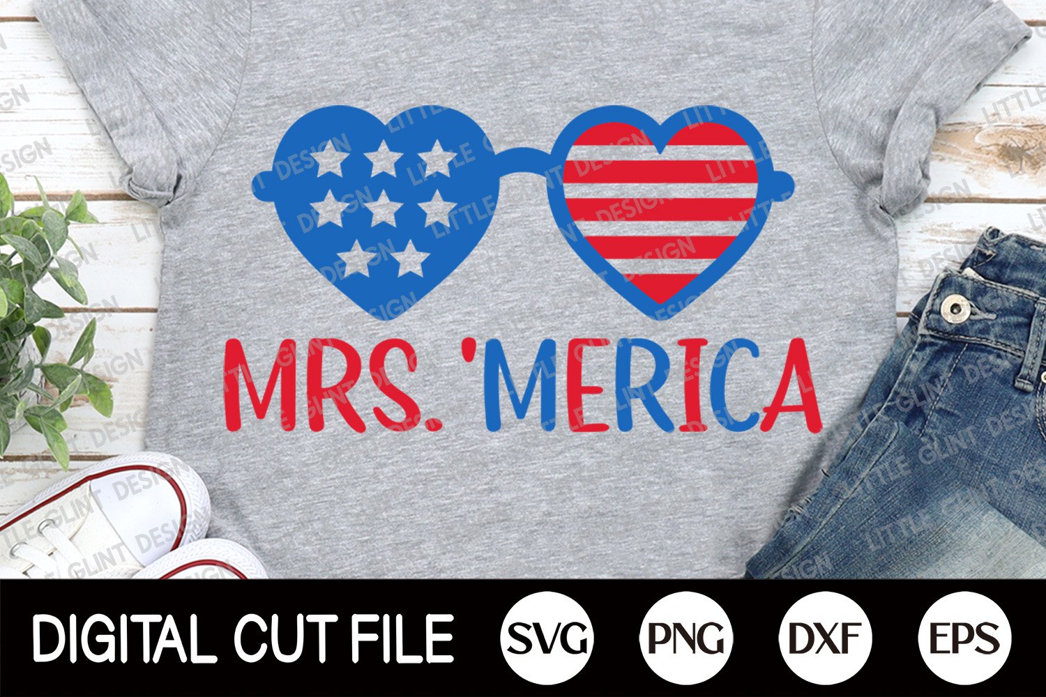 T-shirts with a wonderful heart print glasses with the flag of the USA.