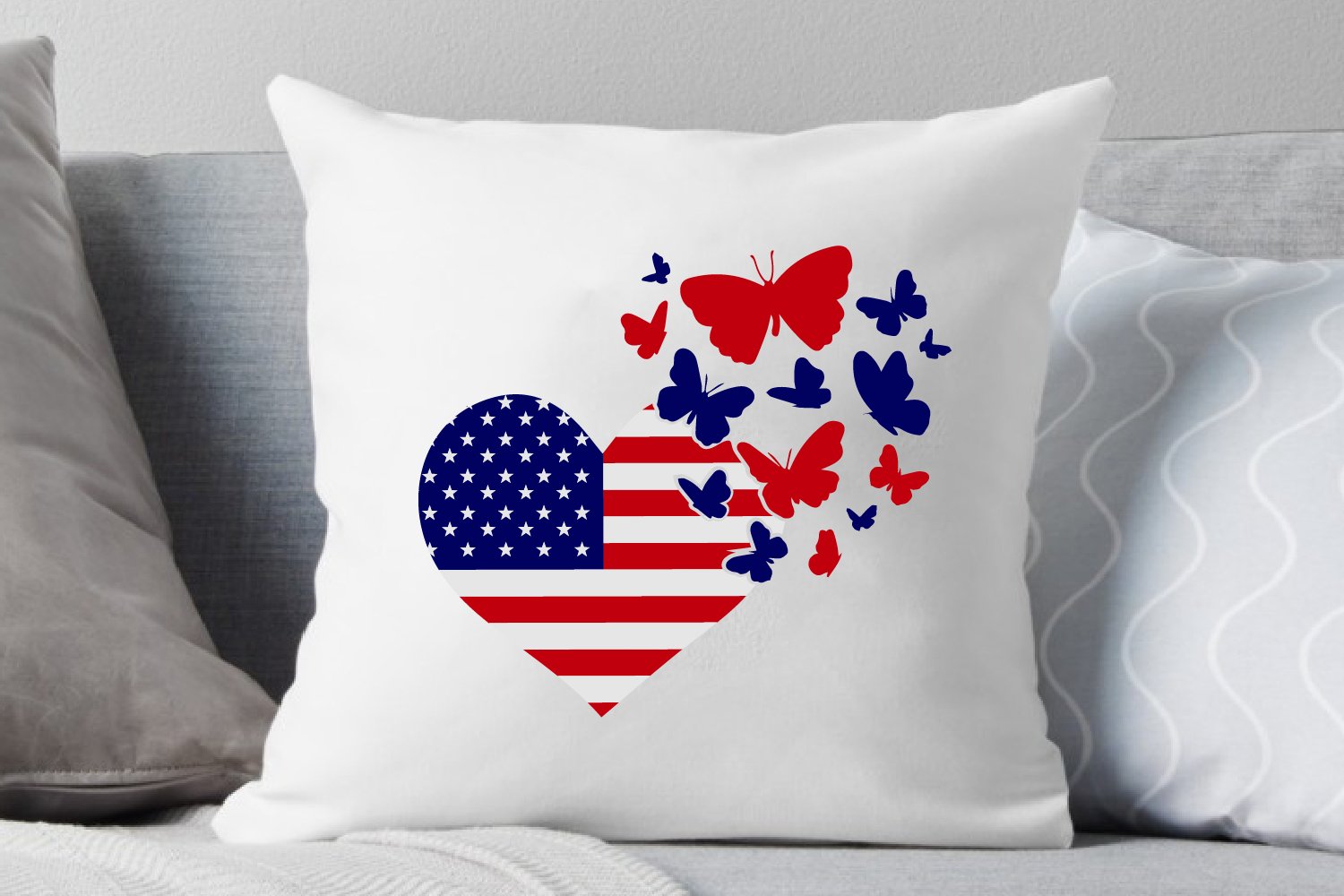 Print on a pillow with a heart with a flap of the USA.