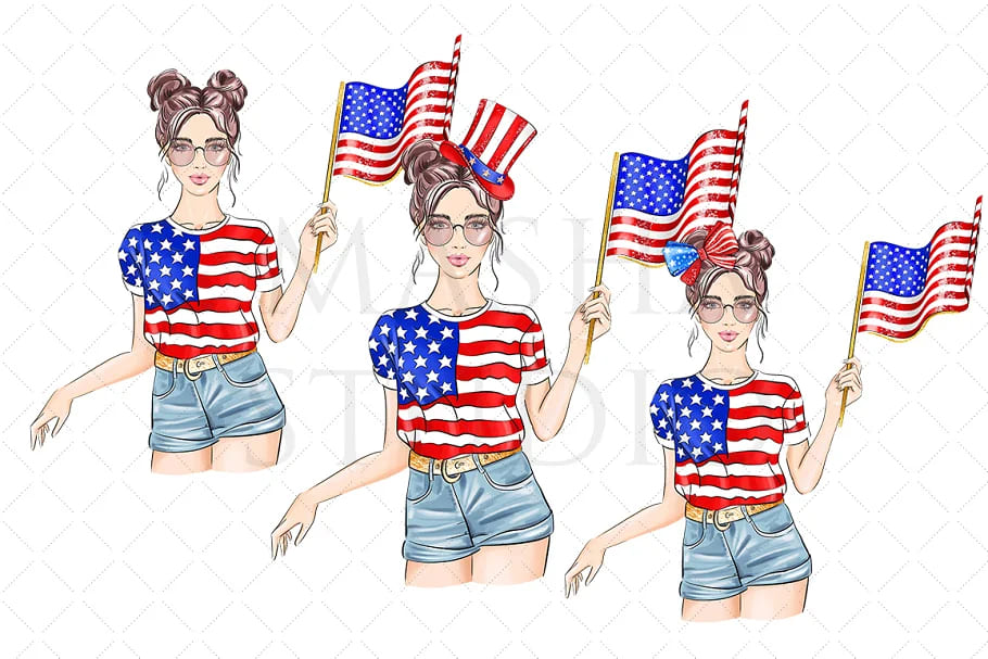 4th of july clipart girls with flags.