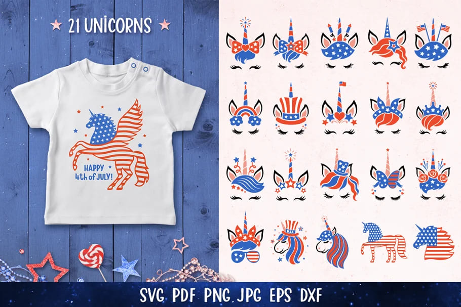 4th of july unicorn bundle svg for print.