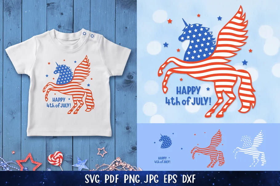 4th of july unicorn bundle svg, t-shirt mockup.