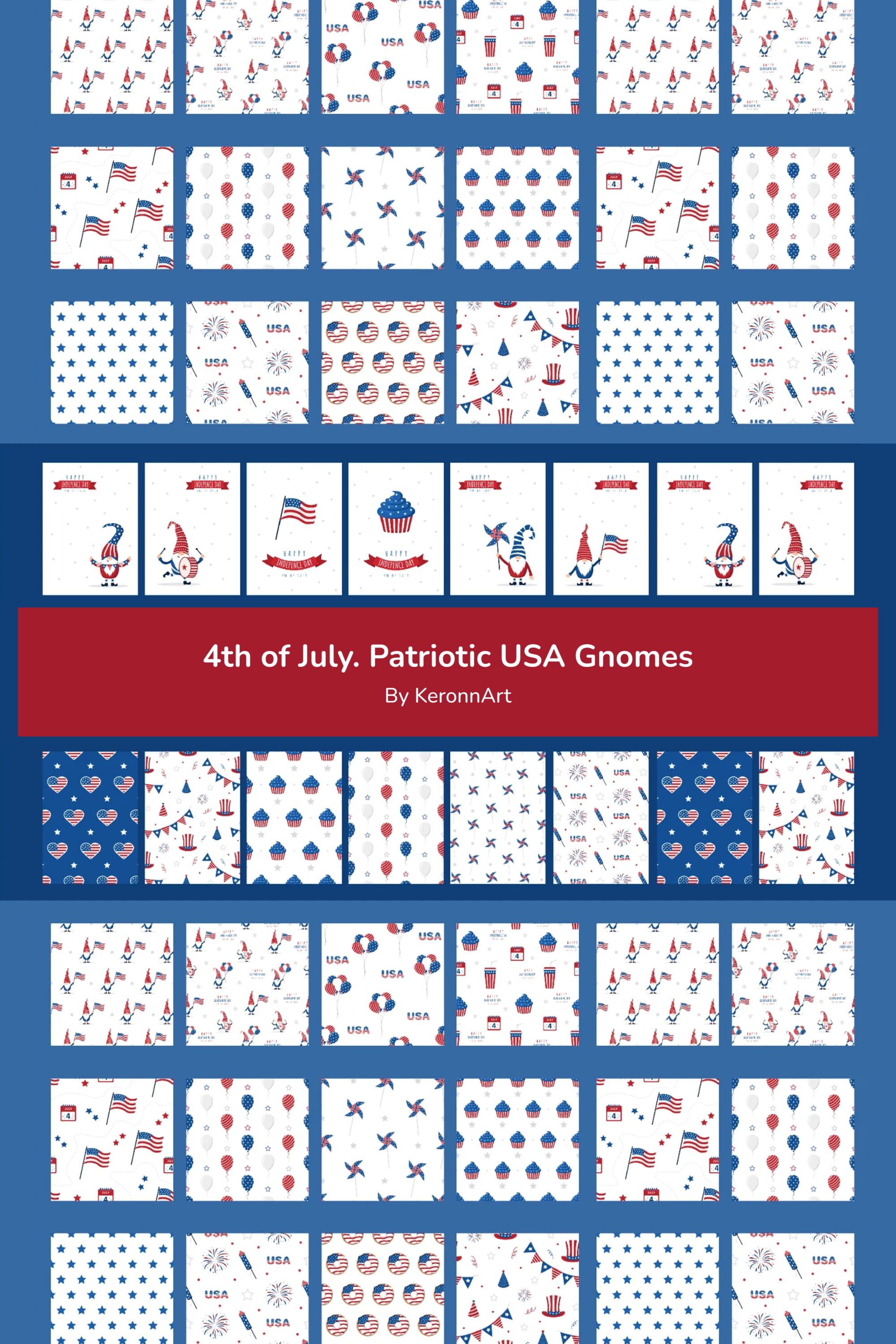 4th of July. Patriotic USA Gnomes pinterest image.