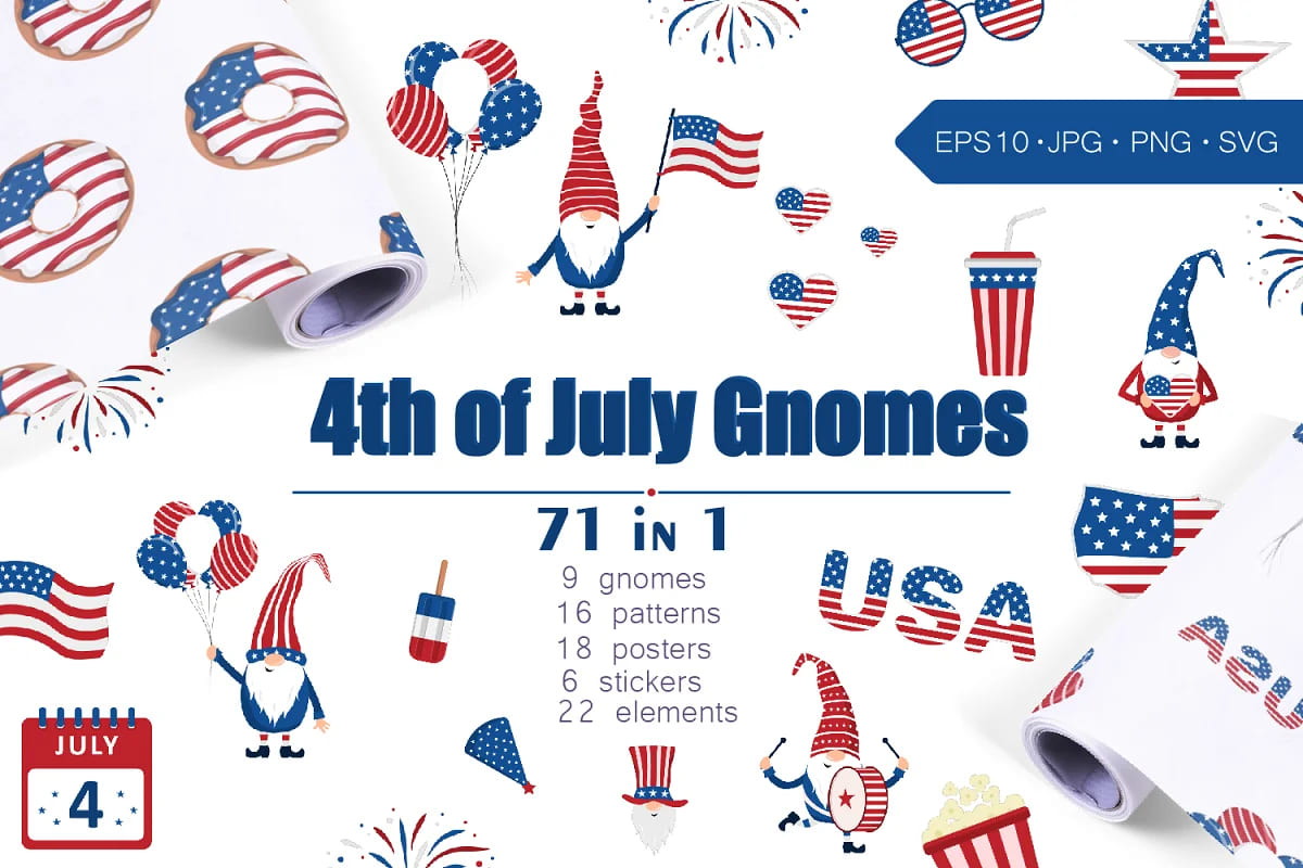 4th of july. patriotic usa gnomes for print.