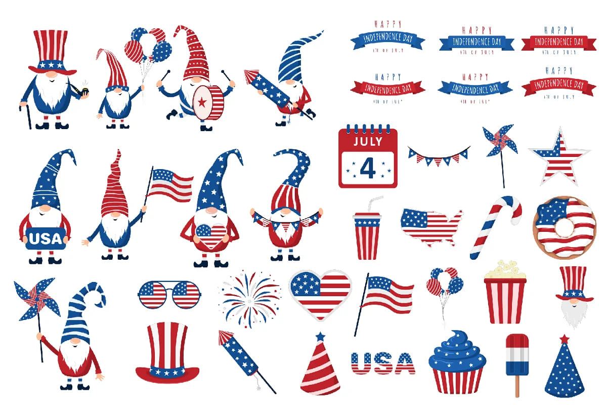 4th of july. patriotic usa gnomes, good for stickers.