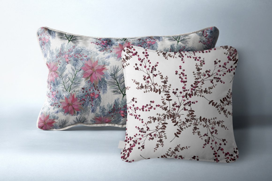 Prints on pillows with different branches.
