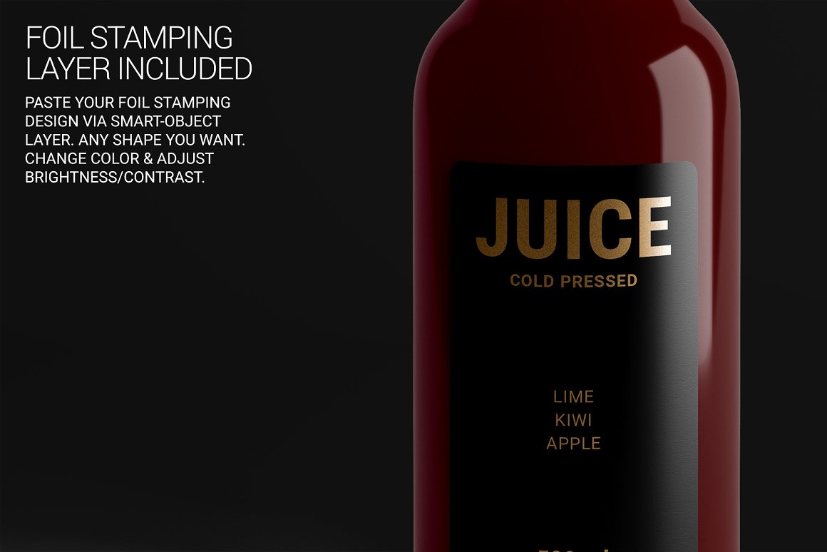 Dark red bottle for juice with a black label.