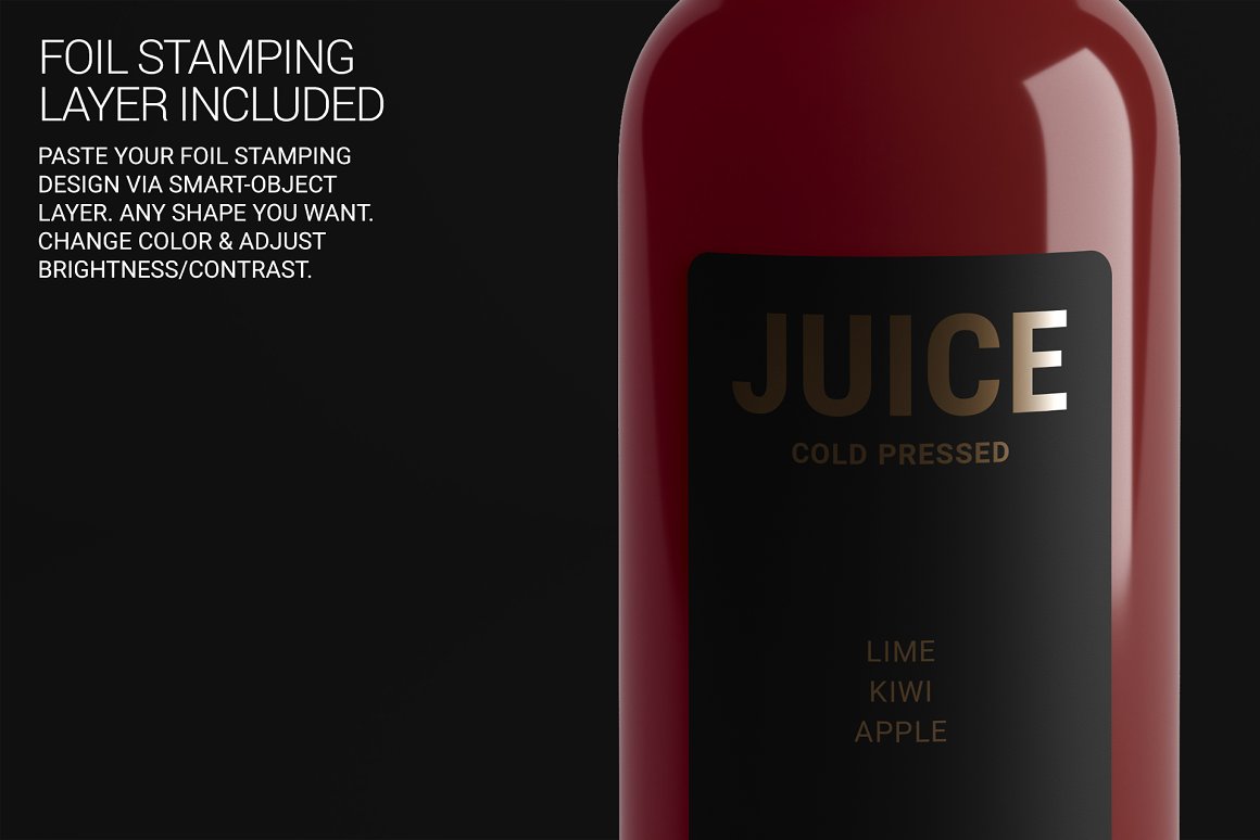 Dark red bottle for juice with a black label.