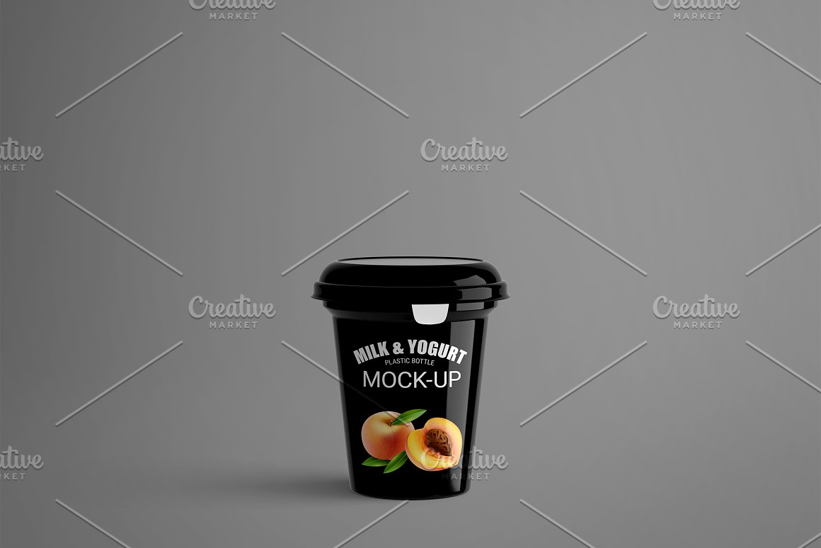 Black print on a cup of a plastic package of yogurt with a peach.
