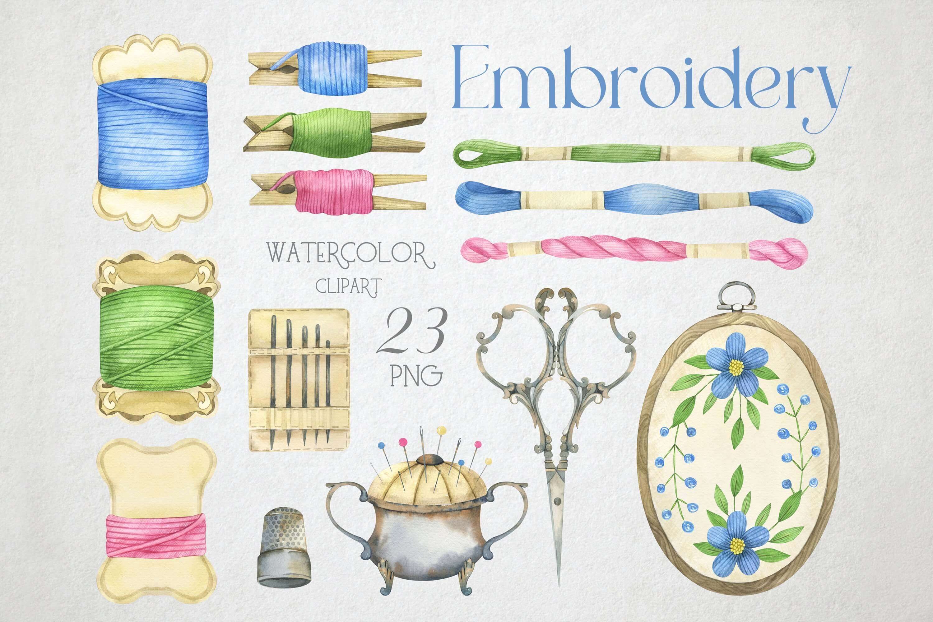 23 watercolor illustration of many spools of thread, scissors, thimble, needles and a needle case.