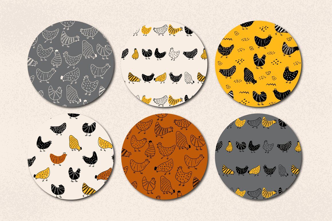 Six colorful plates with chicken design.