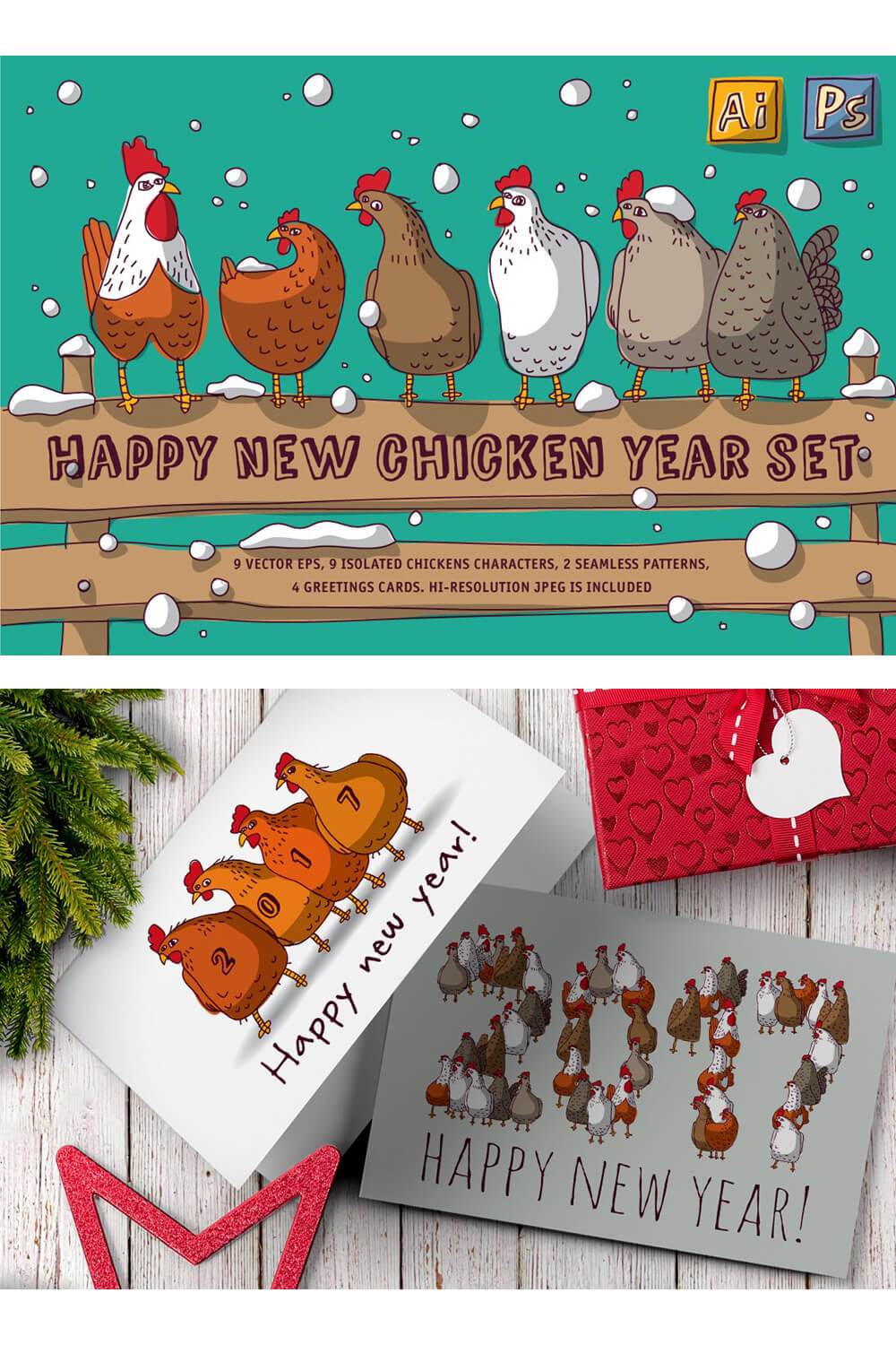 9 isolated chickens characters and 2 seamless patterns.