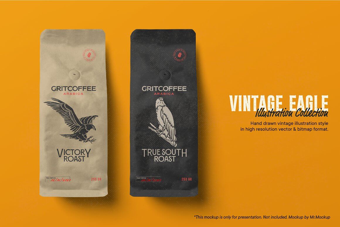 Coffee bags are decorated with a collection of illustrations of a vintage eagle.