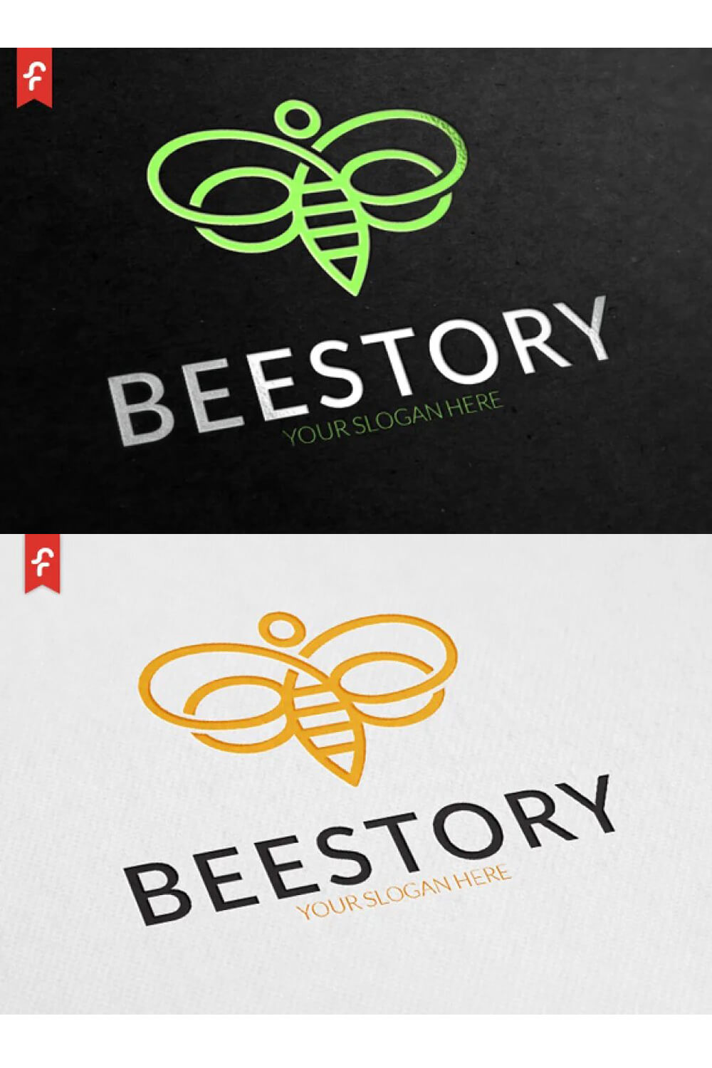 Diagonal image of bee story logos.