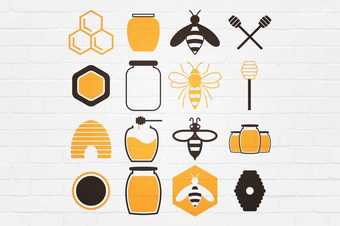 Honey logos in orange, black and white.